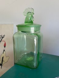 Vintage Mold Blown Green Glass Canister Rooster