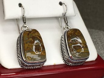 Lovely Pair Sterling Silver / 925 Earrings With Natural Jasper - Very Nice Earrings With Hand Filigree Work