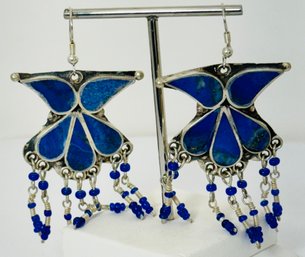 BEAUTIFUL SILVER AND LAPIS DANGLE EARRINGS