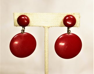 Vintage Red Bakelite Drop Round Formed Earrings