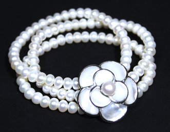 Very Fine Genuine Cultured Pearl Bracelet Having Large Flower Sterling Silver