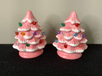 Pink Ceramic Christmas Tress Lot Of 2