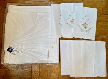 Embroidered Vintage Tea Towels & New Linen Table Cloth & Napkin Set