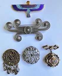 Vintage Locket & 4 Vintage Pins Brooches Including Enamel Horus Pin By TBM