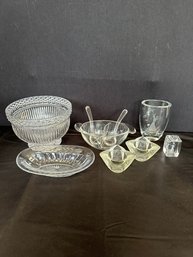A Mixed Glass Lot - Cut Glass Bowl, Tealight Candle Holders, Etched Vase & More
