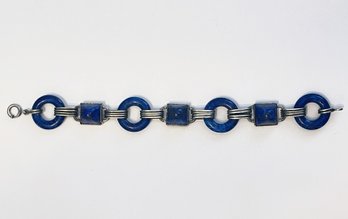 Beautiful Blue Lapis And Stamped Sterling Bracelet