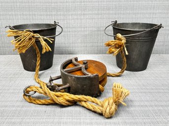 A Wood Pulley And Two Buckets - Great For Hanging Plants!