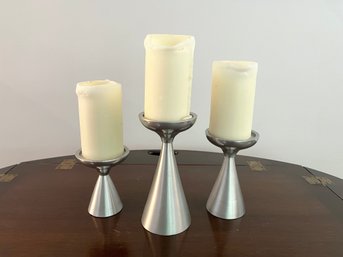 Set Of 3 Graduated Brushed Nickel Or Pewter Candlehoders