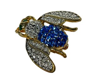 Vintage Gold Tone Bug Brooch Blue White Rhinestones