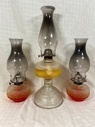 3 Glass Oil Lamps : 1 Eagle Round Ornate Pedestal 18.5in And 2 Lamplight Made In Austria Cut Glass 13in