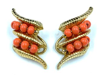 Vintage Signed Napier Goldtone & Faux Coral Clip Earrings