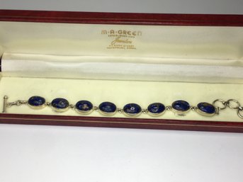 Very Pretty Brand New 925 / Sterling Silver Toggle Bracelet With Oval Lapis Lazuli Cabochons - Very Nice !