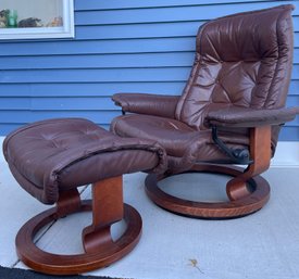 Vintage Recliner Chair And Ottoman In Brown Leather