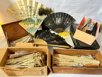 Dozens Of Vintage Fans & Fan Parts Including Box Of Mother Of Pearl Leafs