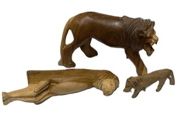 Trio Of Hand Carved Wood Lions-Two Figures And One Shelf Sitter-One Made In Kenya