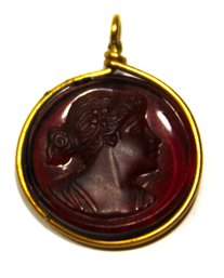 Victorian Amethyst Cameo Pendant Of Woman In Gild Filled Wire Frame