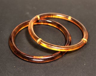 Two Vintage Root Beer Bakelite Think Bangle Bracelets One Having Metal Embellishments