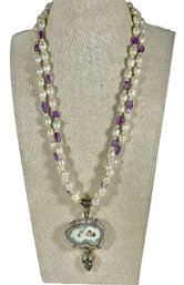 FANTASTIC Geode, Amethst, Large Cultured Pearls And Serling Silver Necklace