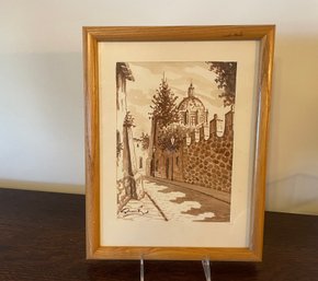 Framed Sepia Watercolor Of European Street Scene, Signed