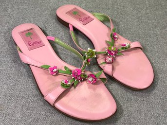 Pair 2 Of 5 Very Nice LILLY PULITZER Shoes - Made In Italy - Size 9B - All Leather - Pink Flower - Nice !