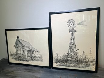 Pair Of Doyle Ethredge Pen & Ink Drawings Of Rural Scenes