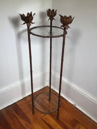 Lovely Faux Bamboo Gilt Metal Table -two Round Glass Shelves - With Flower Finisls - Nice Decorator Piece