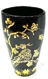 Vintage Handmade Black Enamel Vase W/ Gold Bird