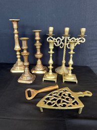 A Mixed Brass Lot  Candelabra, Bottle Opener, Iron Stand & More