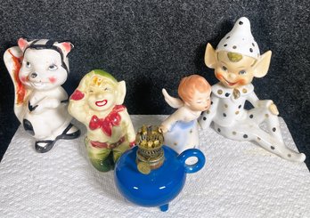 Mid Century Porcelain Figurines From Japan- Elves, Skunk, Schmid Bros. Angel And Tiny Oil Lamp