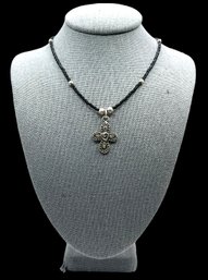 Vintage Sterling Silver Black Beaded Necklace With Ornate Cross Pendant