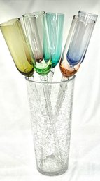 Banquet Of Long Stem Champagne Flutes In A Crackle Glass Vase
