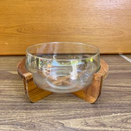 Vintage Glass Salad Bowl On Teak Stand