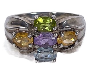 Fine Sterling Silver Ladies Ring W Genuine Gemstones Amethyst, Peridot Blue Topaz