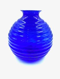 Huge Cobalt Blue Hand-blown Ribbed Decorator Vase