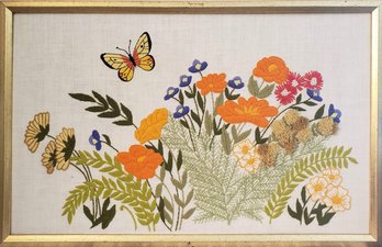 Vintage Framed Embroidery Flower Art