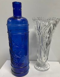 Vintage Blue Bottle & Cut Crystal Vase