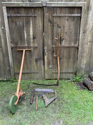 Antique 1895 Garden Hoe, Early 20th C Farm Scythe & 19th C Hand Forged Wrought Iron Hay Knife