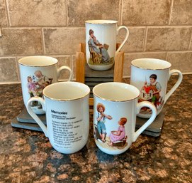 Set Of 5 Vintage NORMAN ROCKWELL Mugs And Slate Coasters