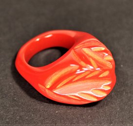 Vintage Red Carved Bakelite Ring Having Floral Motif Size 5.5