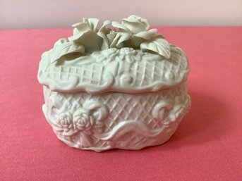 Vintage Heart Bisque Porcelain Trinket Box With Rose Design