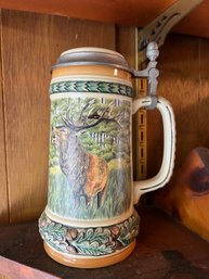 Pewter Lidded Stein With Stag Design