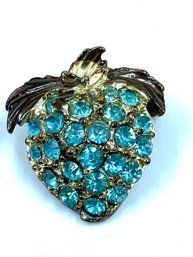 Vintage Silver Strawberry Brooch W/ Aqua Stones