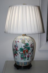 Chinese Porcelain Table Lamp And White Pleated Shade