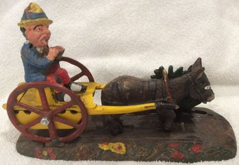 Vintage Cast Iron Bank With Donkeys And Man On Cart