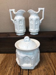 Religious Saints Sugar Bowl, Salt & Pepper Shakers.     11C