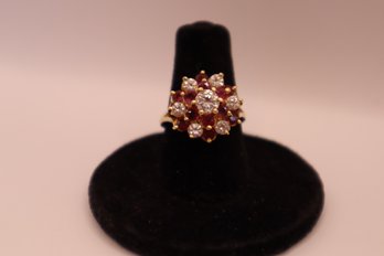 14K Yellow Gold With Red And Clear Stones Ring Size 6 (6 Grams Total Weight)