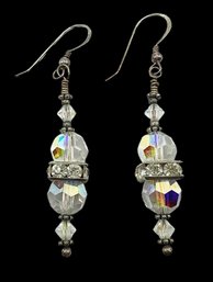 Sterling Silver Iridescent Beads And Clear Stones Dangle Earrings