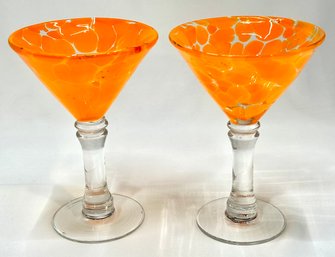 Pair Of Art Glass Orange Spotted Martini Glasses