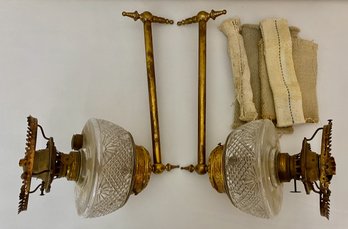 Pair Of Vintage Brass And Cut Glass Oil Lamp Sconces (2)