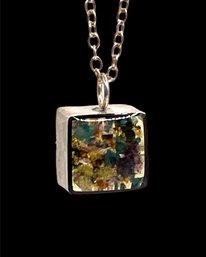 Vintage Sterling Silver Pressed Art Square Pendant Necklace